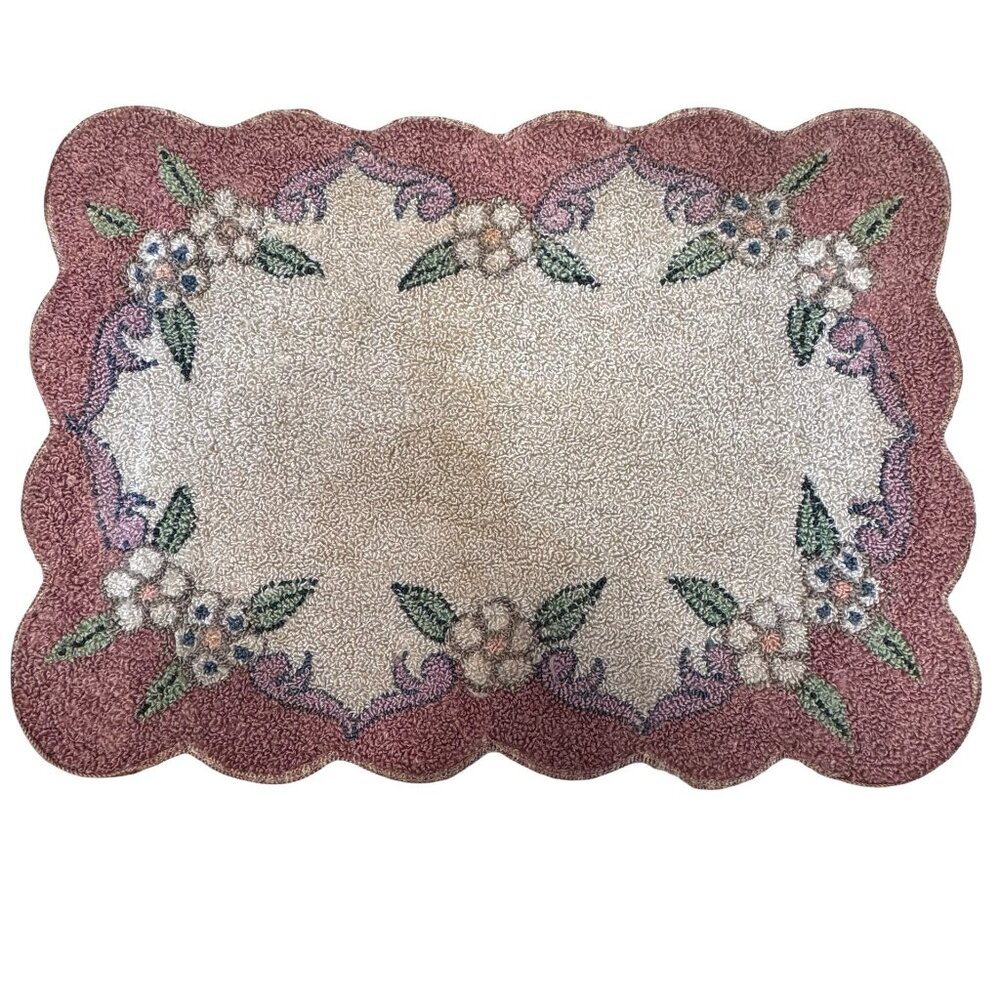 Vintage Dollhouse Rug Dining Room Floral Rectangular Scalloped Edge Rug Pink